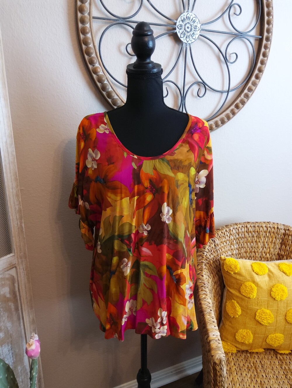 Karen Kane Vibrant Floral Scoop Neck Blouse in Pink, Yellow and Orange
